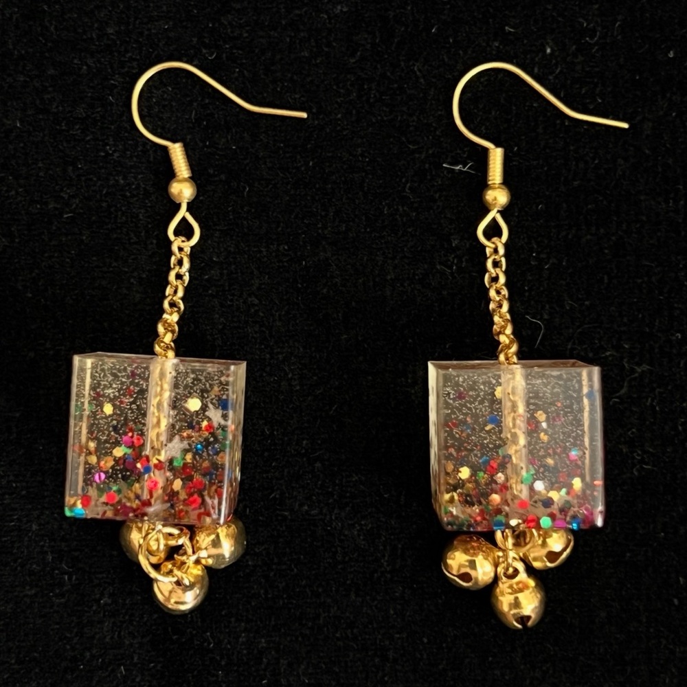 Gold Dangle Earrings with Glitter Cube